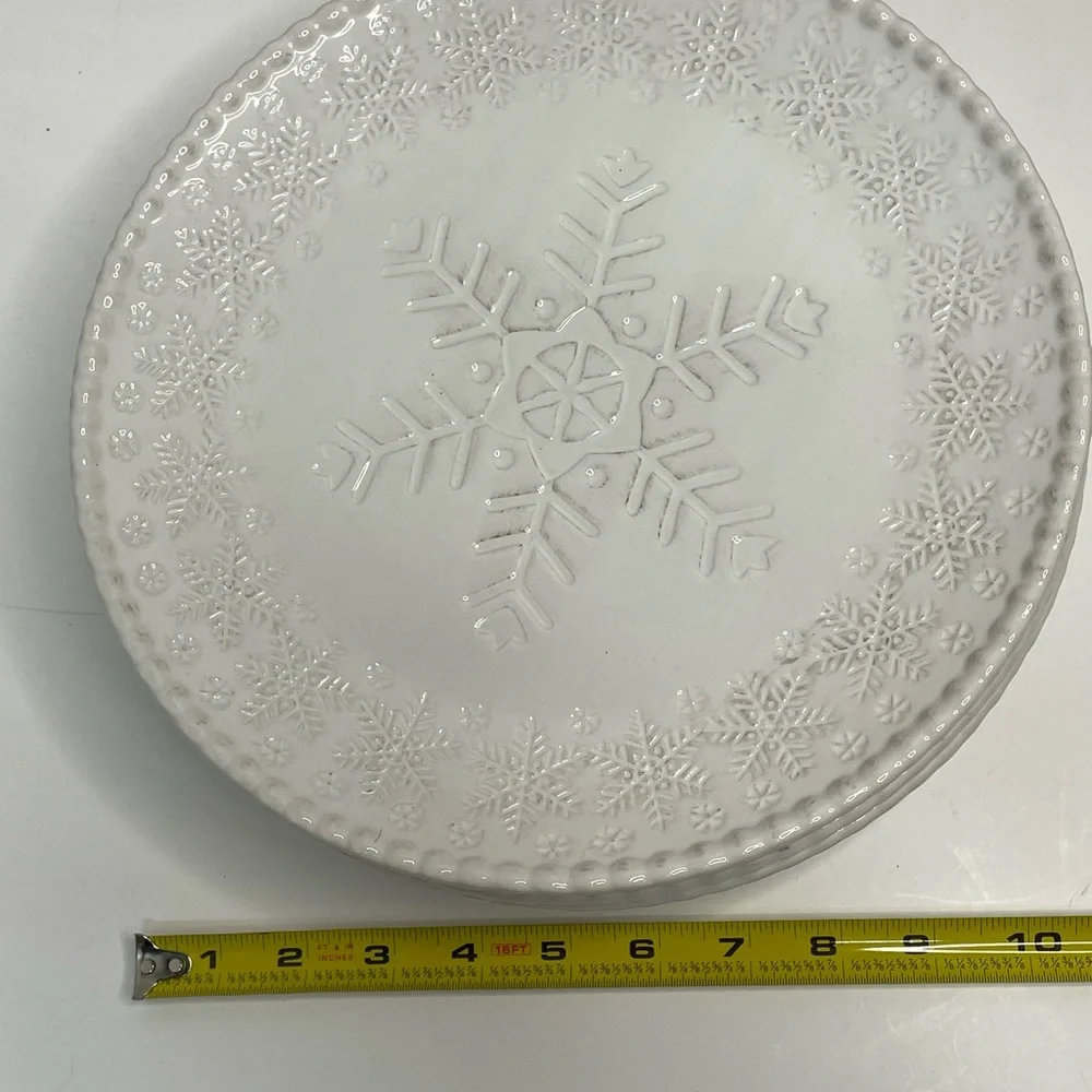 Pier 1 Snowflake Embossed Stoneware Dinner Plates Set of 6 Beige 10” Retired HTF - Picture 7 of 7